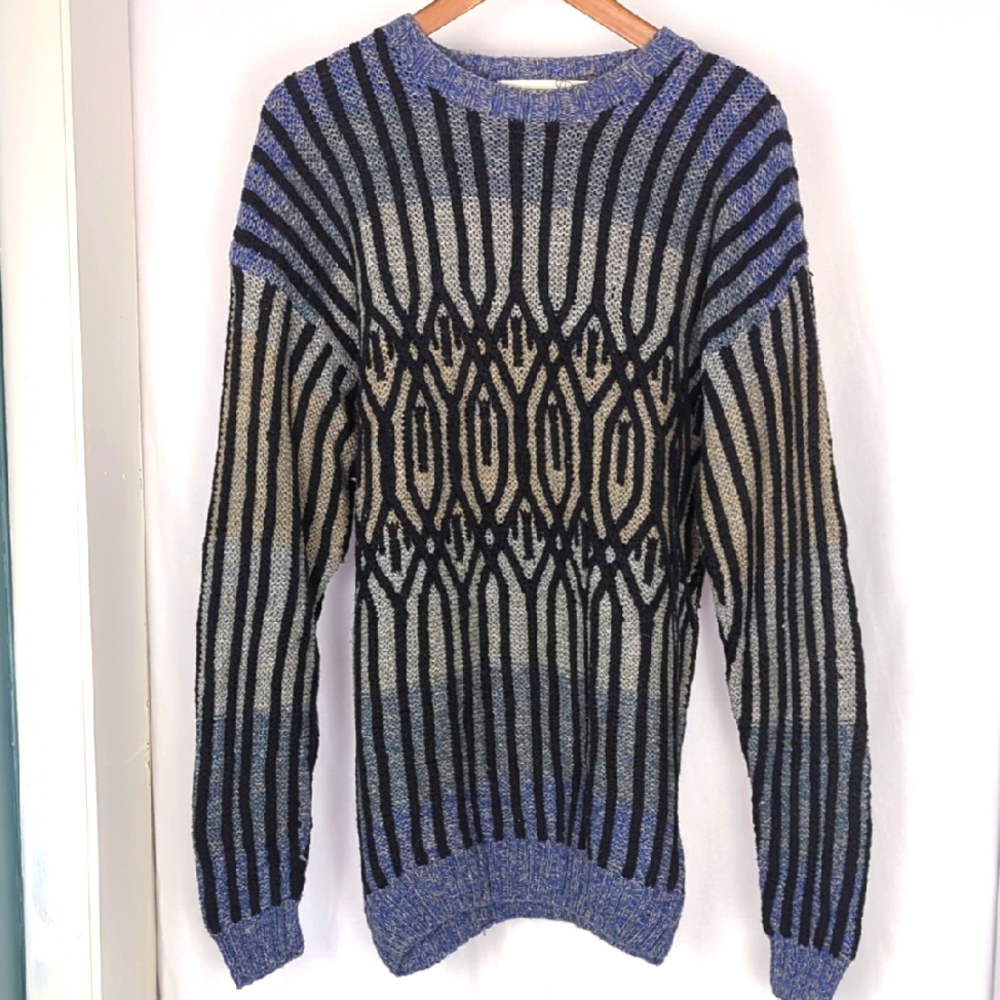 HENRY GRETHEL Men's Blue and Black Geometrical Design Sweater